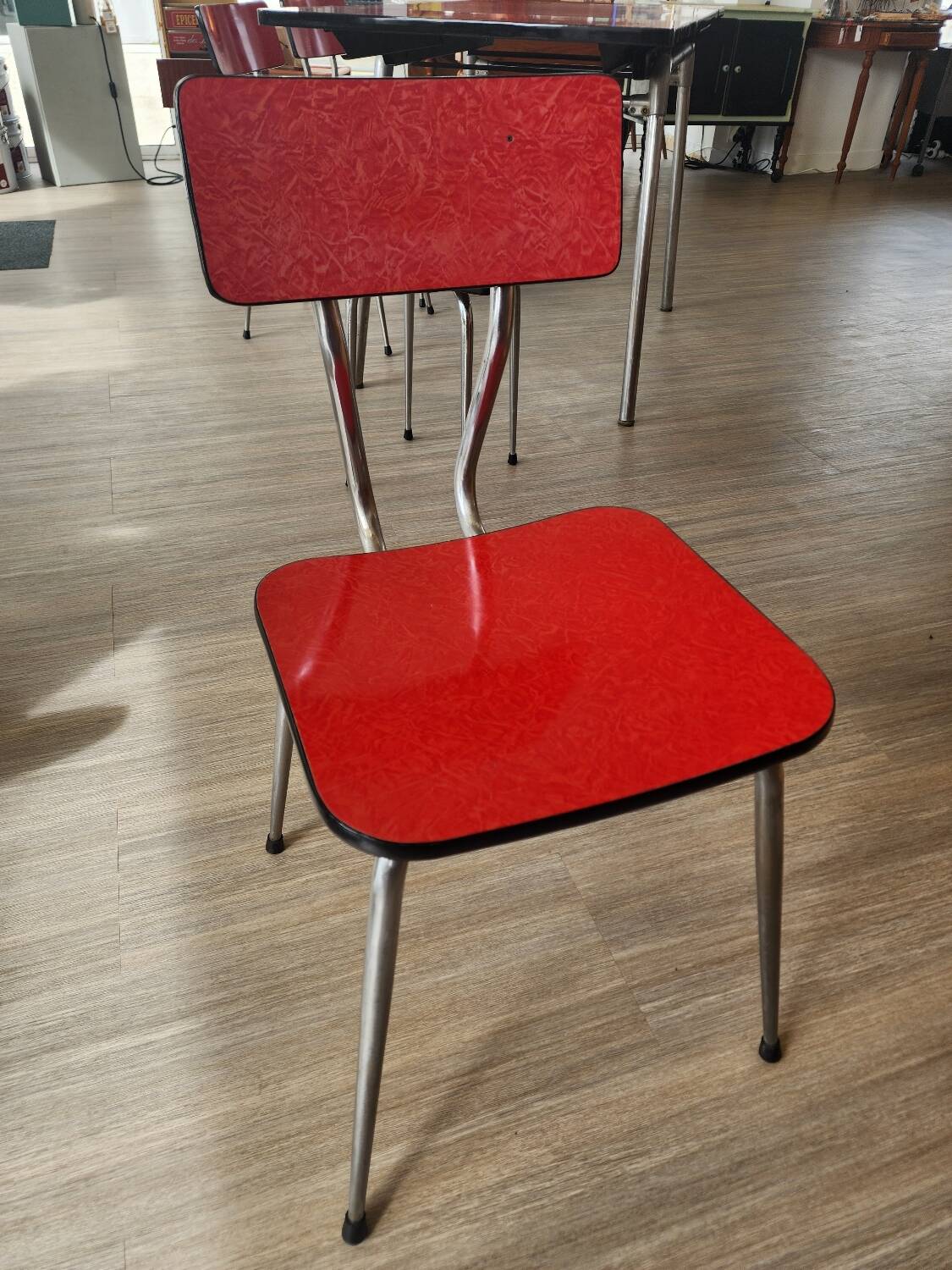 Vintage Lafague red formica set, 1 table, 6 chairs and 1 stool