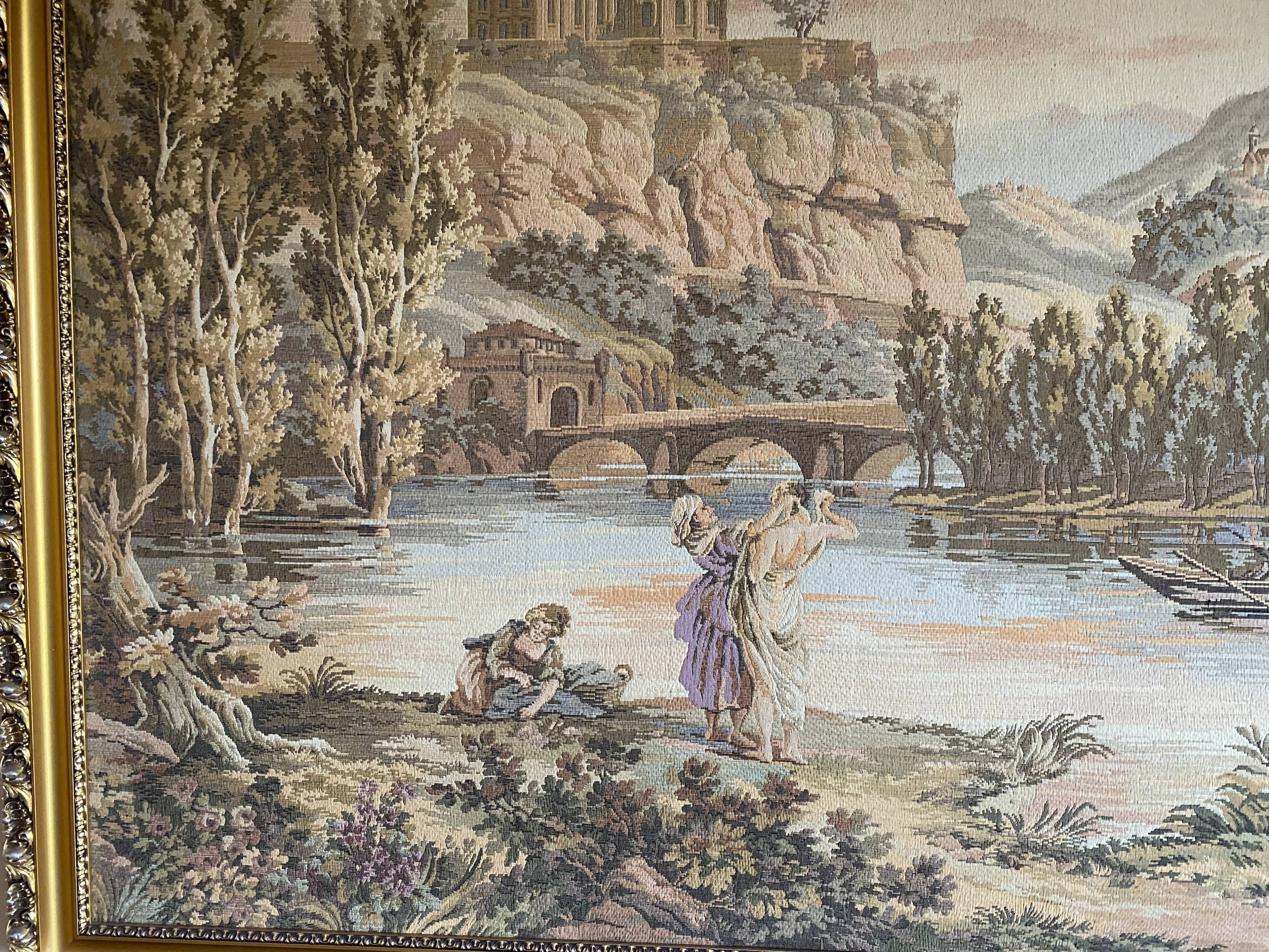 Tapestry wall hanging framed antique scene at the edge of the water
