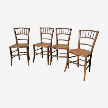 Suite of 4 chairs vintage wooden bistro and sitting cannage, circa 1960