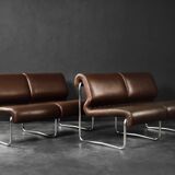Mid-century modern German vintage canapé lounge, 2-seater, brown steel frame.