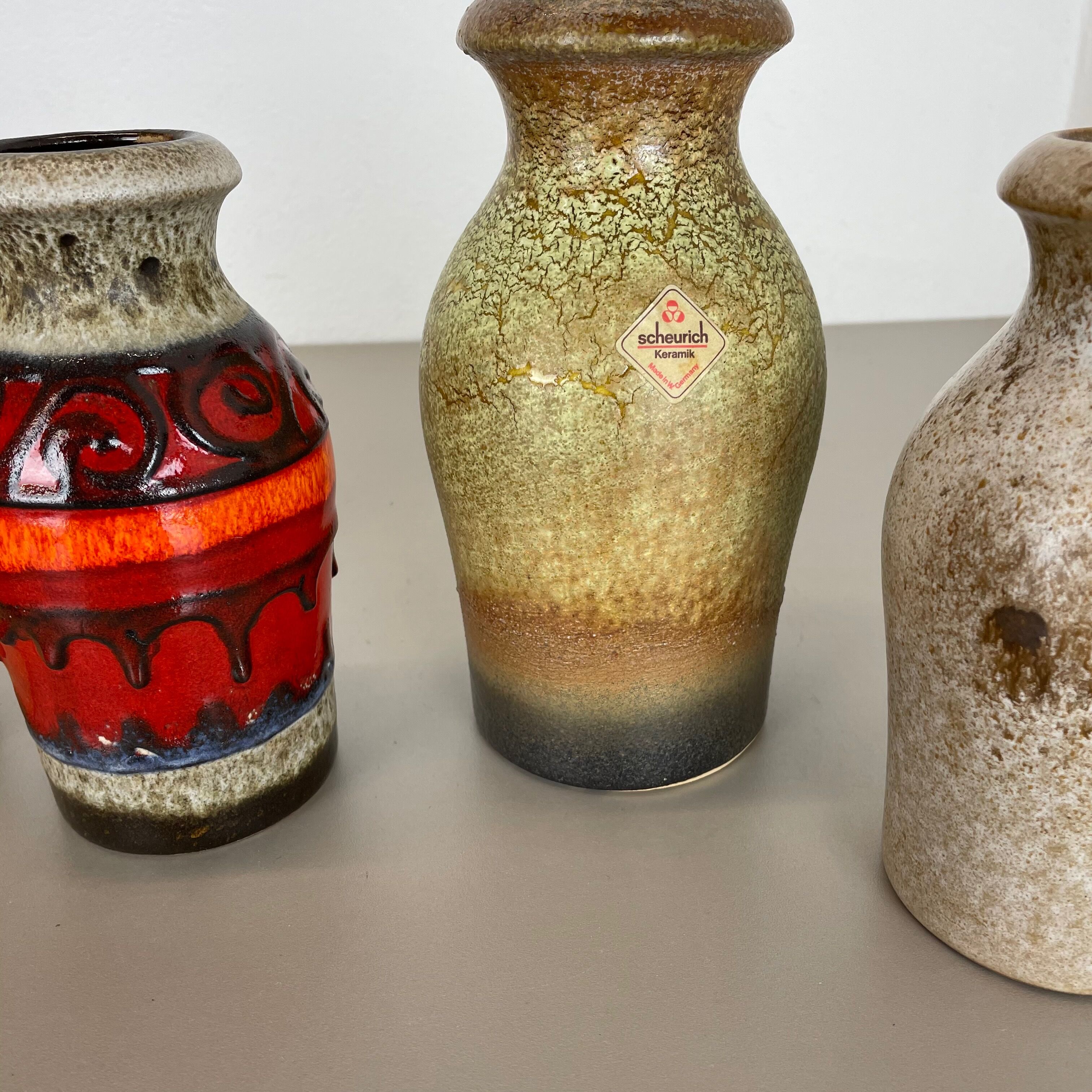 Set of five vintage pottery fat lava vases made by scheurich, germany, 1970s