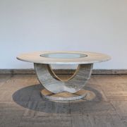 Table basse ronde travertin et vitre, Italie, 1970.