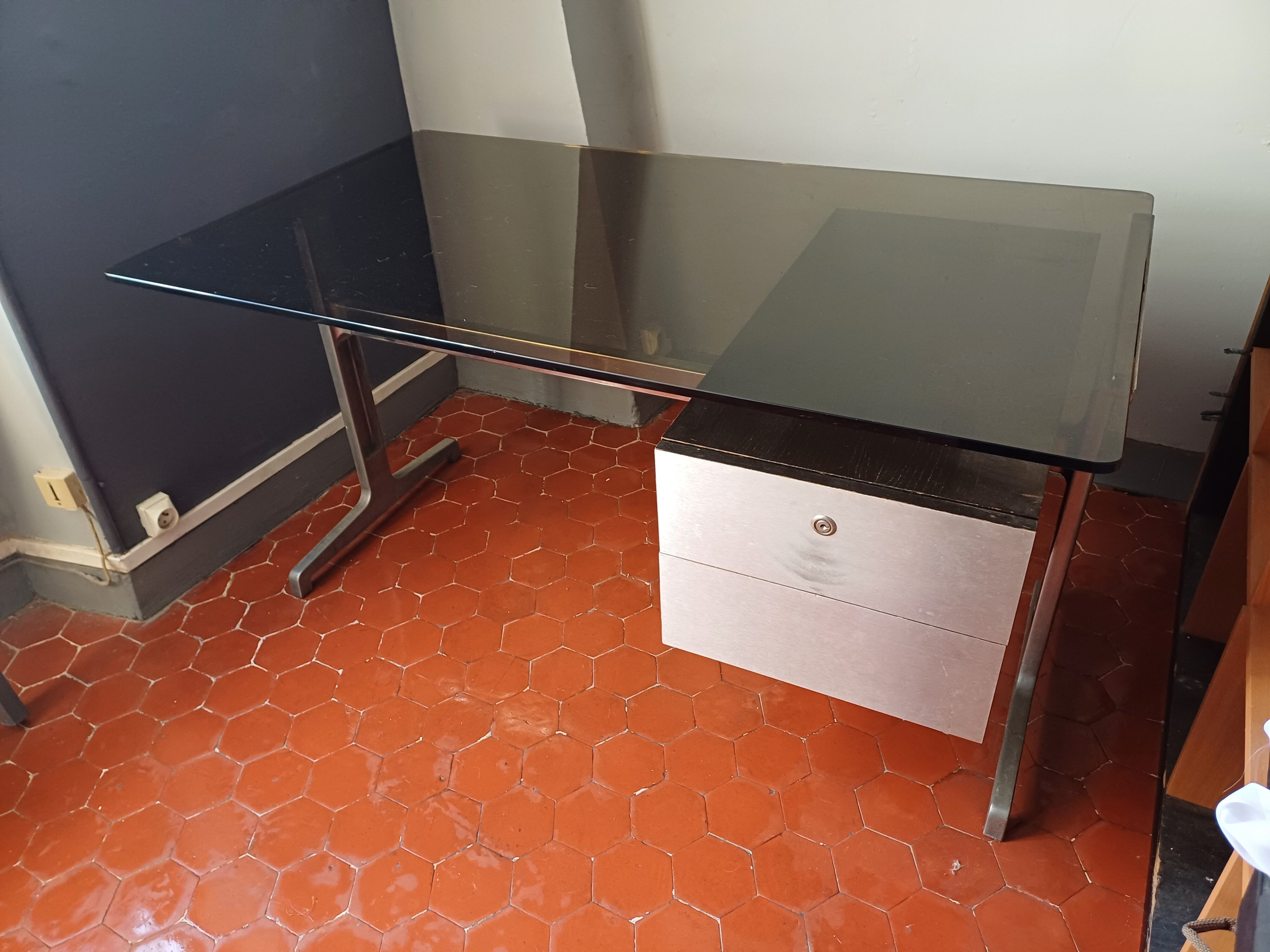 Bureau design vintage plateau verre style etienne fermigier 1970