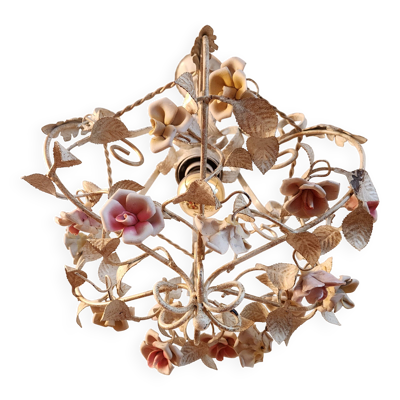 Lampe pendante vintage forgée à la main avec des roses en porcelaine, Denz Neheim Hüsten