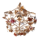 Hand-forged vintage pendant lamp with porcelain roses, Denz Neheim Hüsten