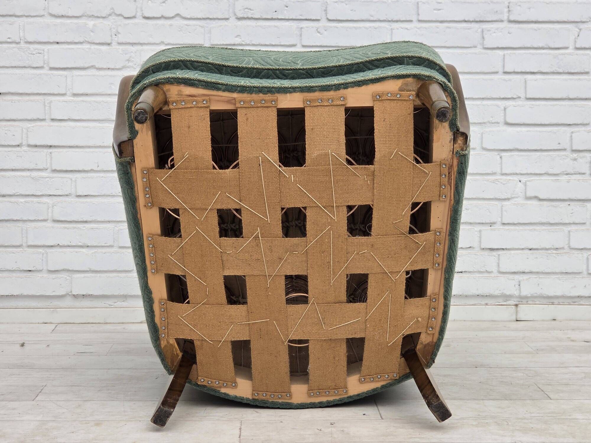 1960s, Danish armchair, green furniture velour, beech wood.