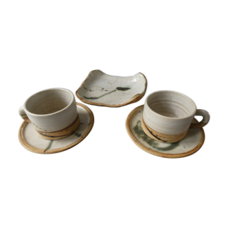 2 large cups and 1 sandstone dish, pottery la Colombe, 60s