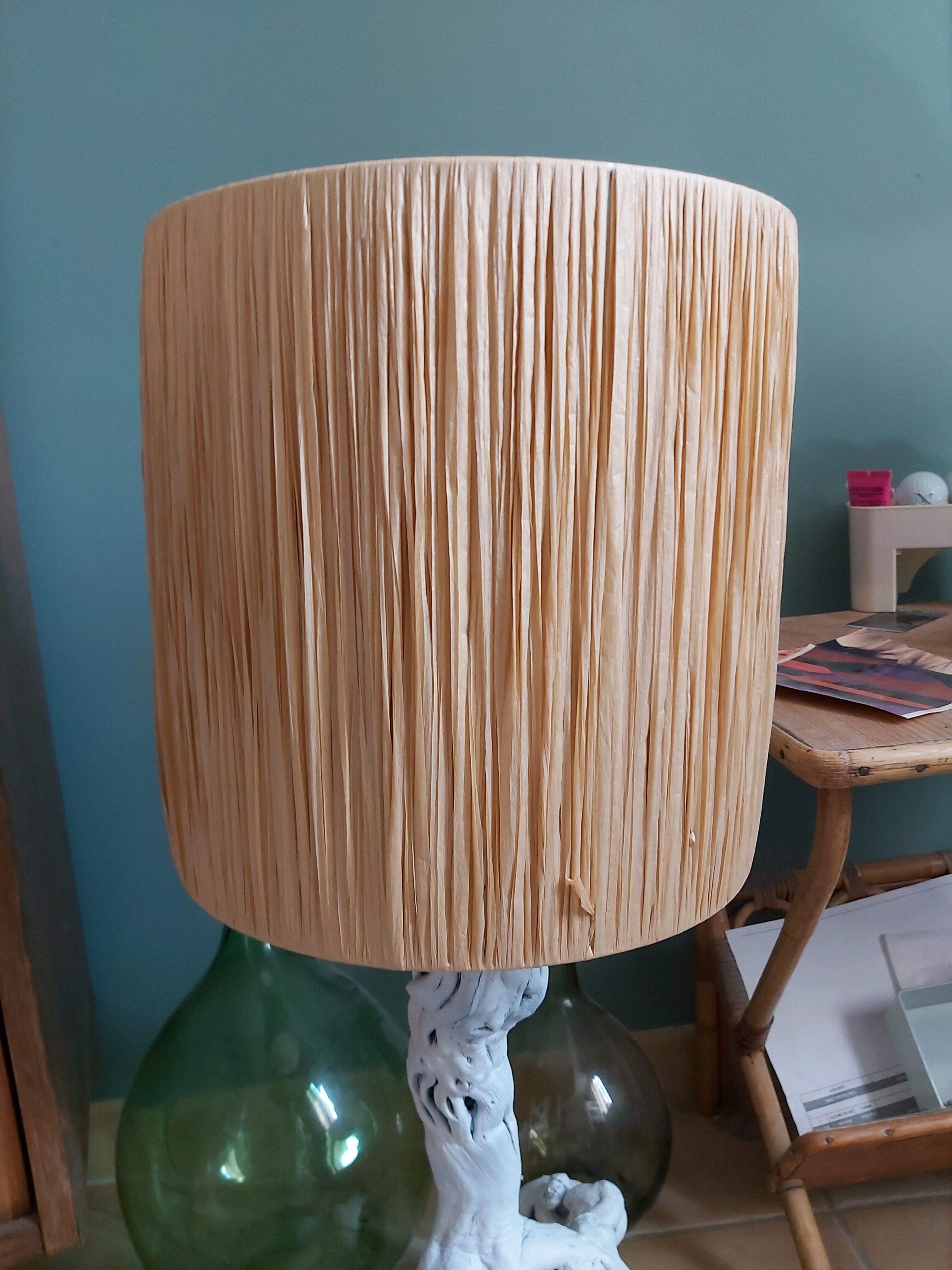 Wooden lamp and lampshade in vintage raffia