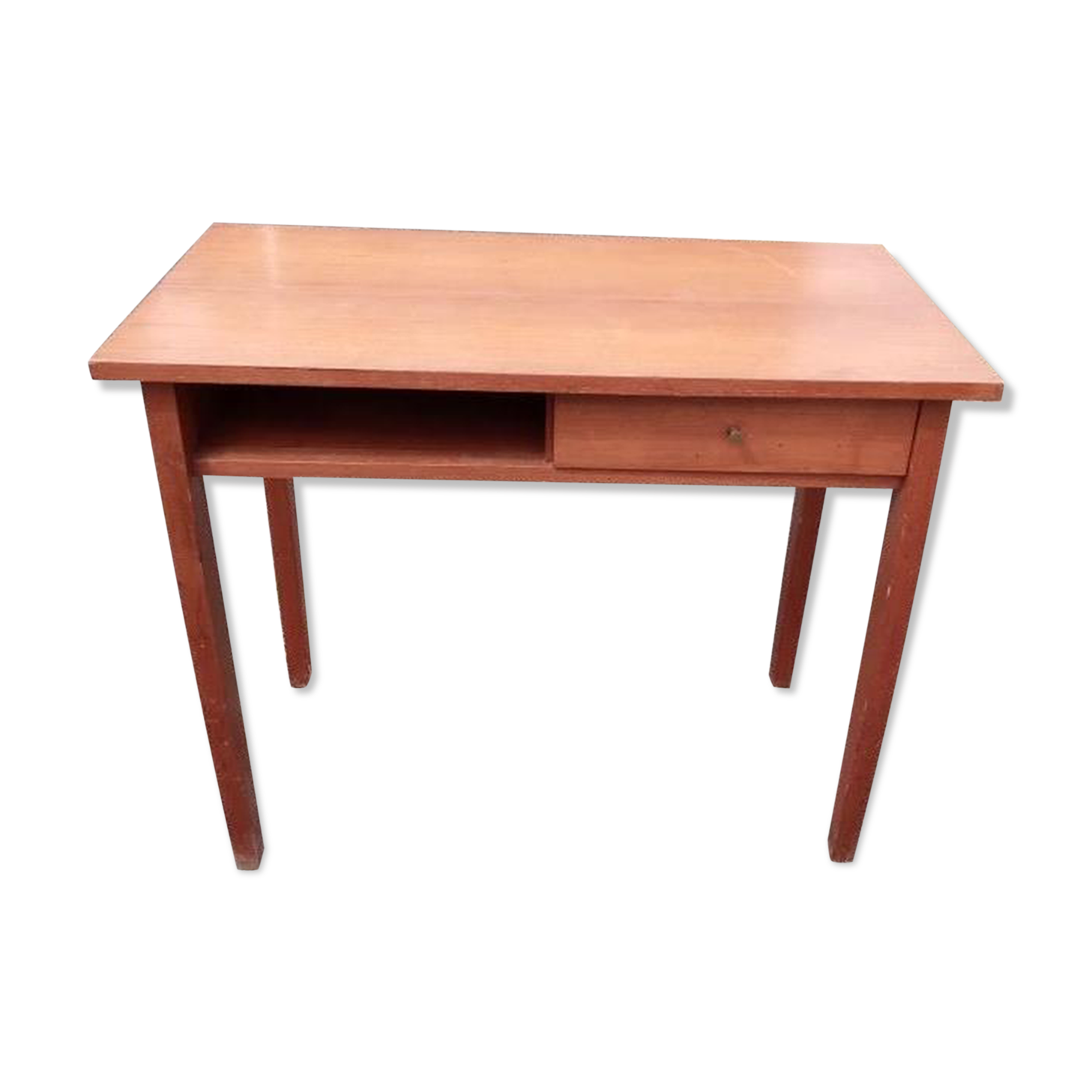 Teak veneer desk, curved feet