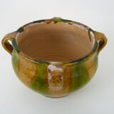 Glazed terracotta pot with 4 yellow and green handles. Flower pot