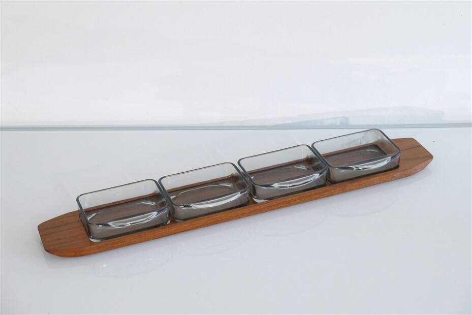 Scandinavian compartmentalized teak and glass tray