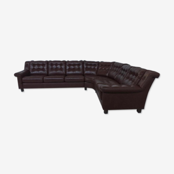 Scandinavian brown leather corner sofa 1970s