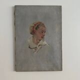 Oil on canvas charming portrait of a young woman with a headdress 1920