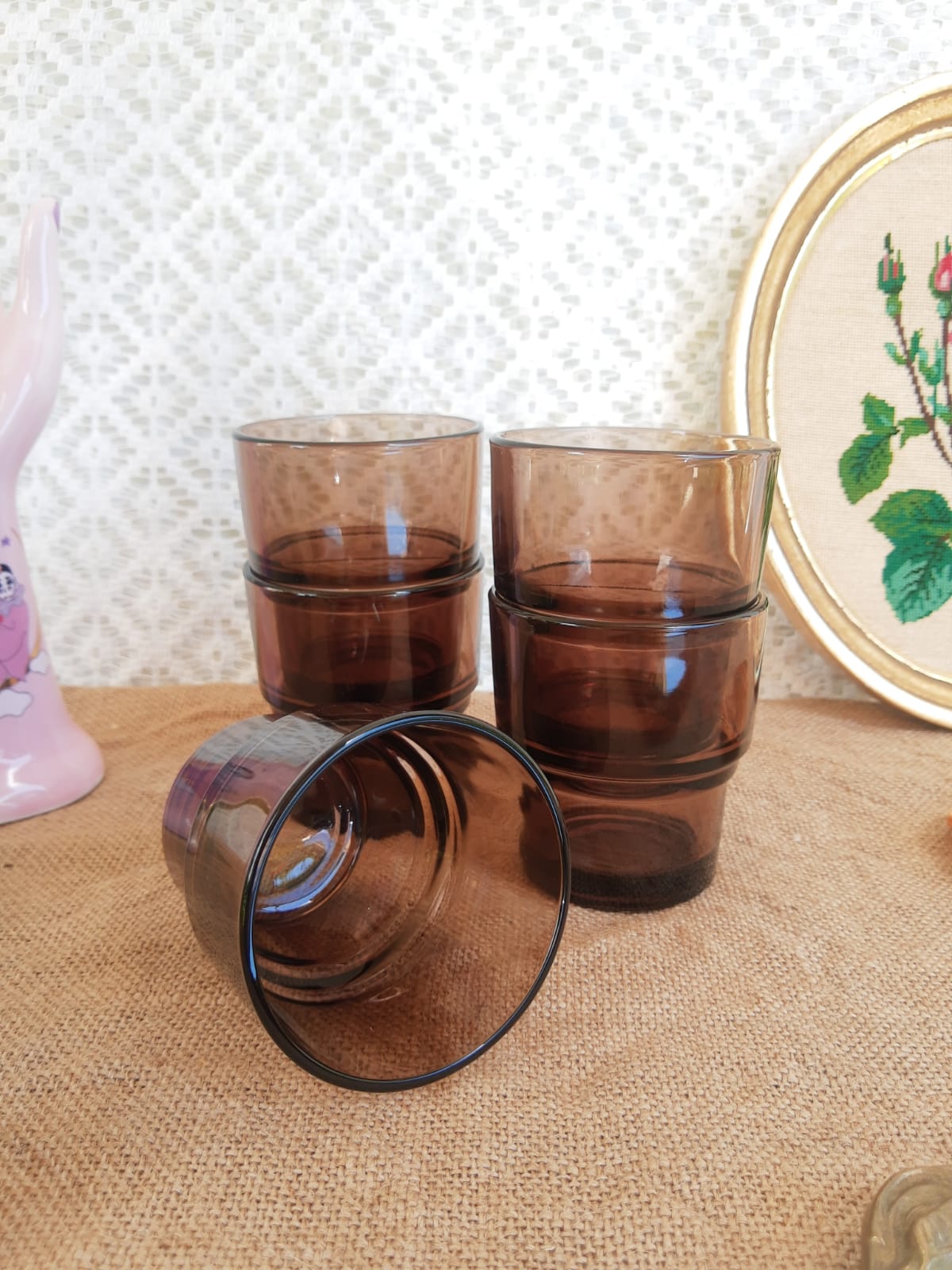 Lot de 5 verres fumés vereco empilable années 70 vintage