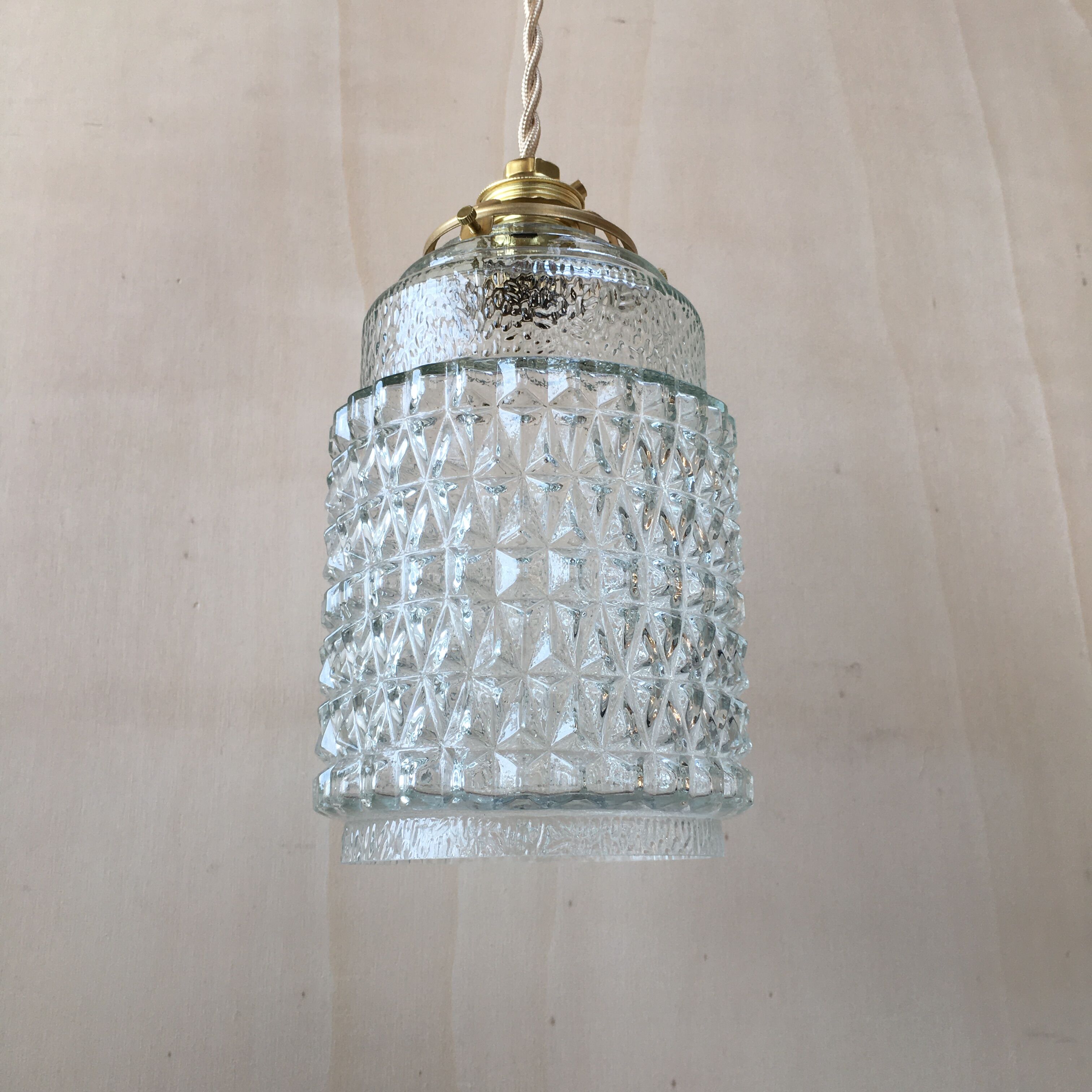 Pair of vintage molded pressed glass pendant lights