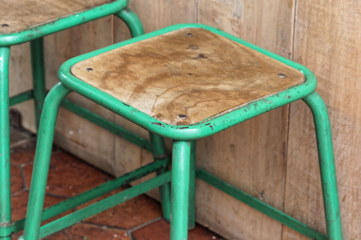 Pair of industrial stools, wood and metal