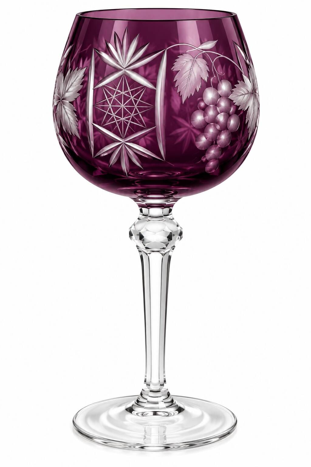 Set of 6 coloured wine glasses, vine decoration, Bohemian style – H. 20 cm