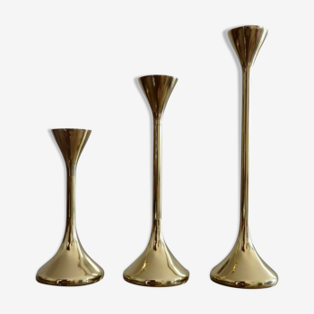 Series of 3 Scandinavian brass candle holders, 70s tulip foot