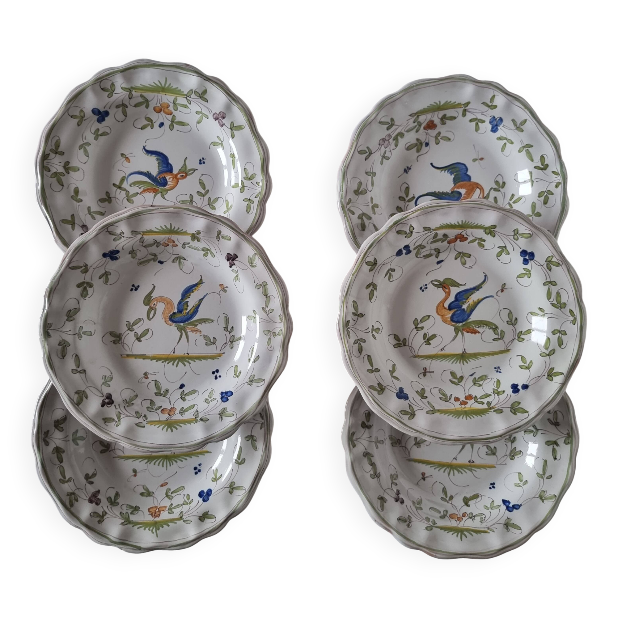 Set of 6 plates in French earthenware or painted Moustiers ceramic