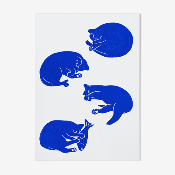 Linogravure originale - quatuor de chats