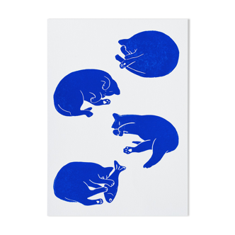 Original linocut - quartet of cats