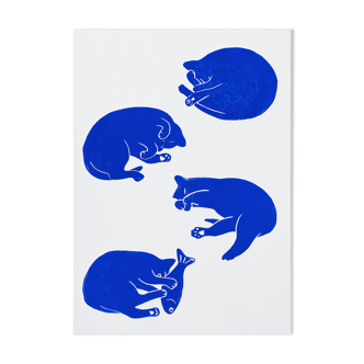 Linogravure originale - quatuor de chats
