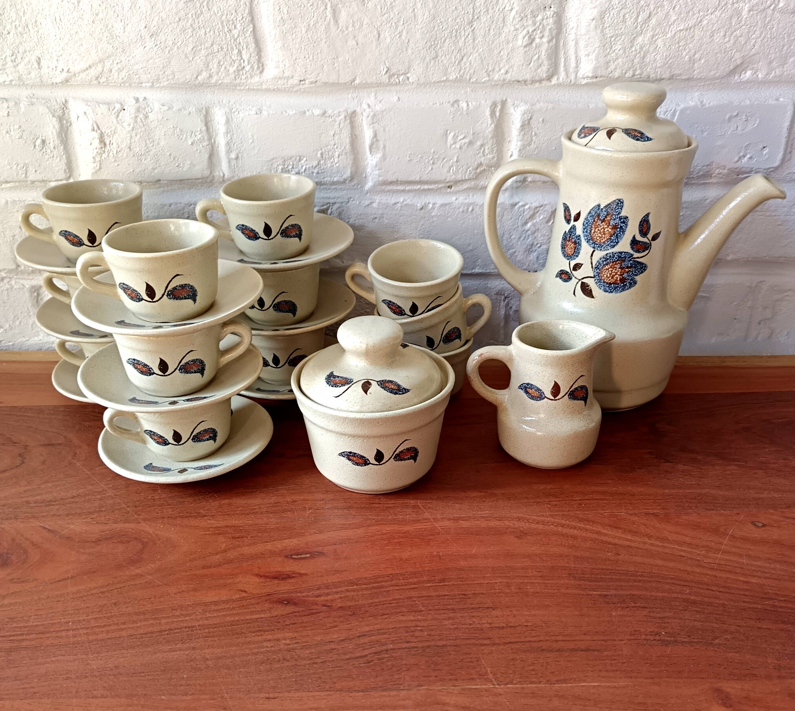 Vintage floral pattern stoneware coffee set, Saint-Amand Sologne earthenware
