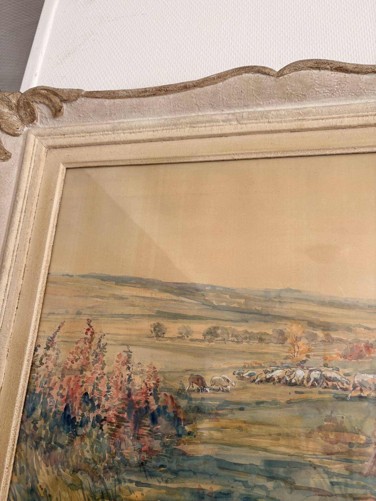 Old Watercolour Painting Shepherdess with Sheep Landscape Henry Charles
