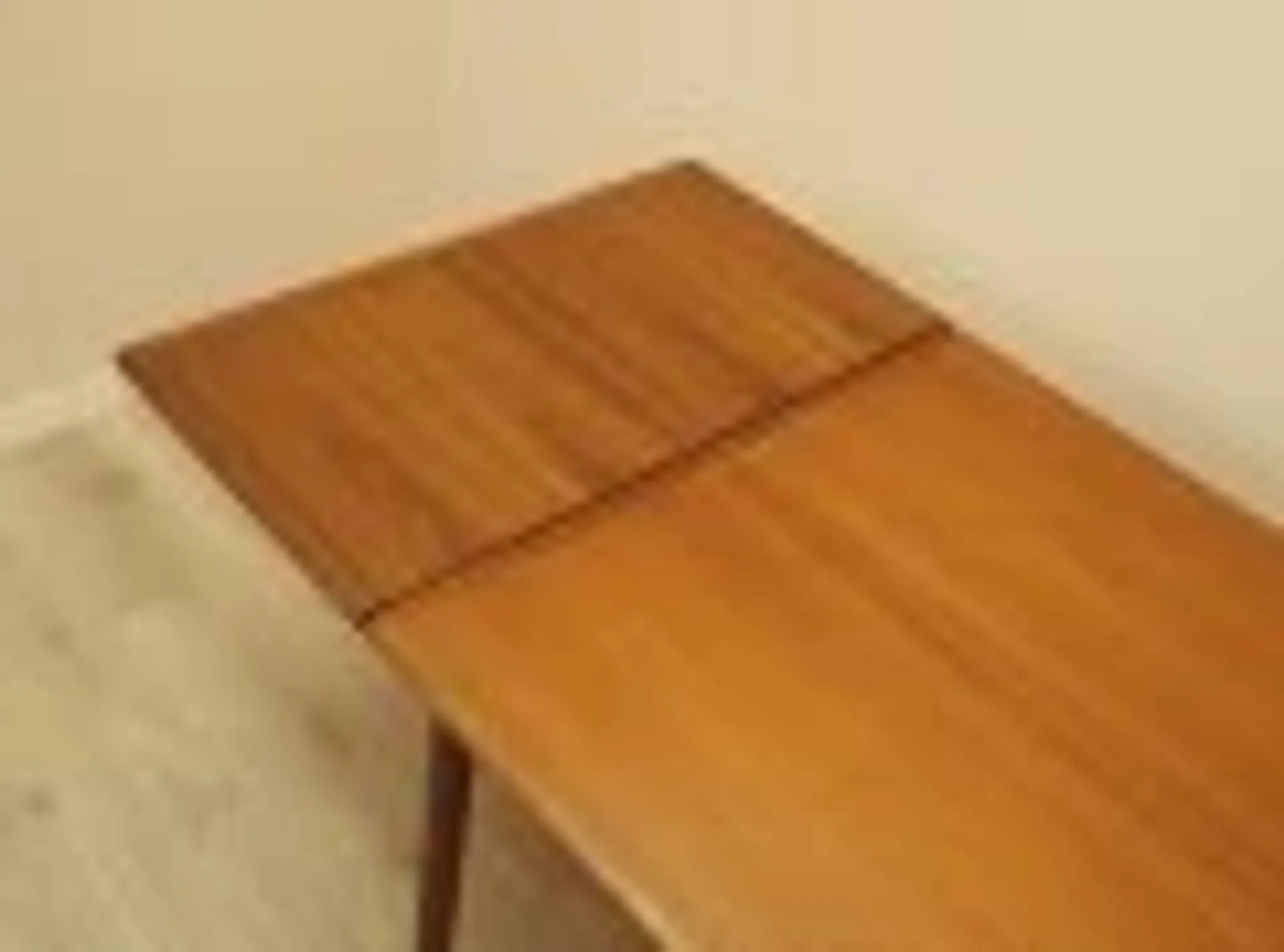 Danish extendable dining table, teak veneer, solid wood legs, leaf storage, 1970s