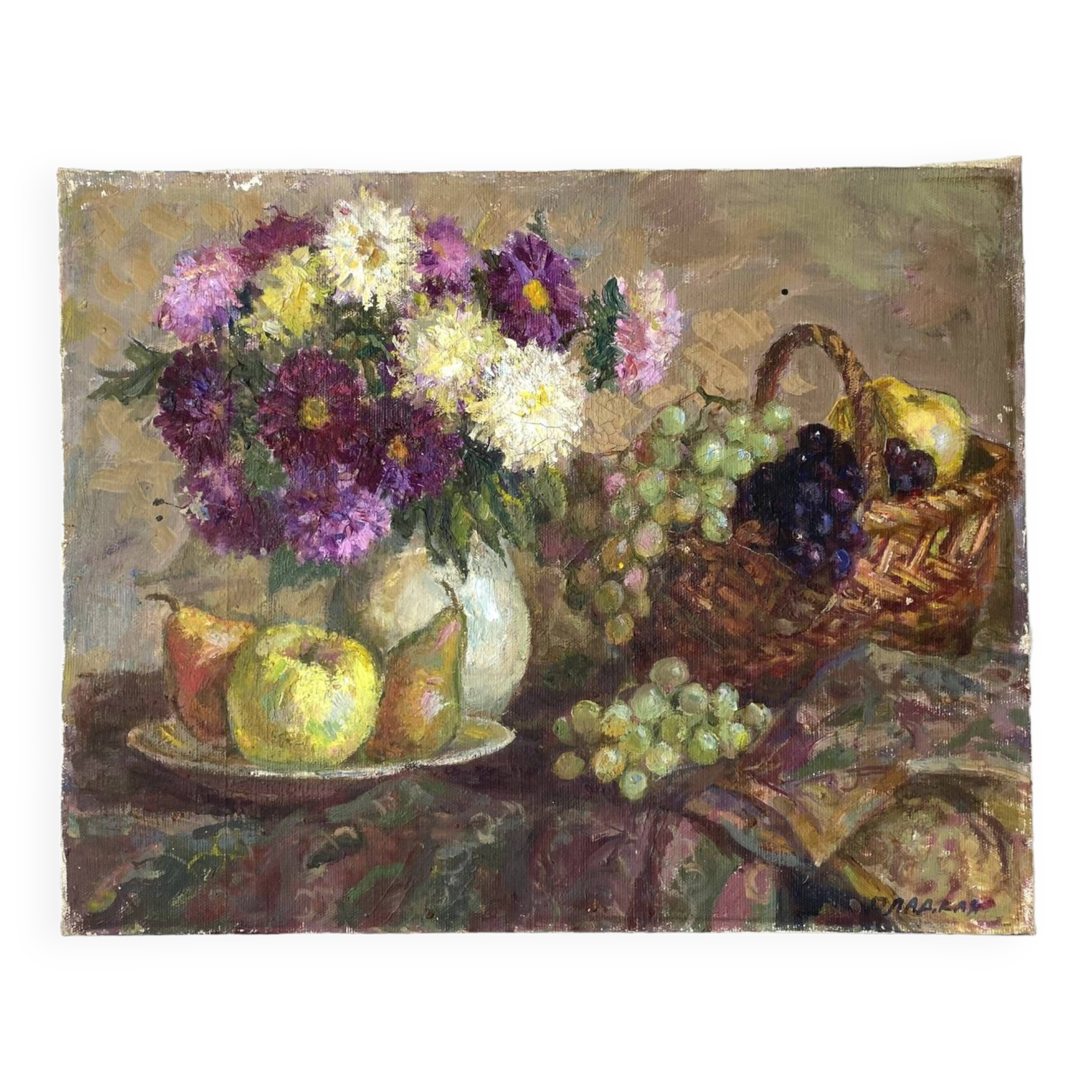 Nature morte à l'huile sur toile signée Gladkaya, peinture de fleurs et fruits années 60