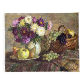 Still life in oil on canvas signed Gladkaya, painting of flowers and fruits 1960s