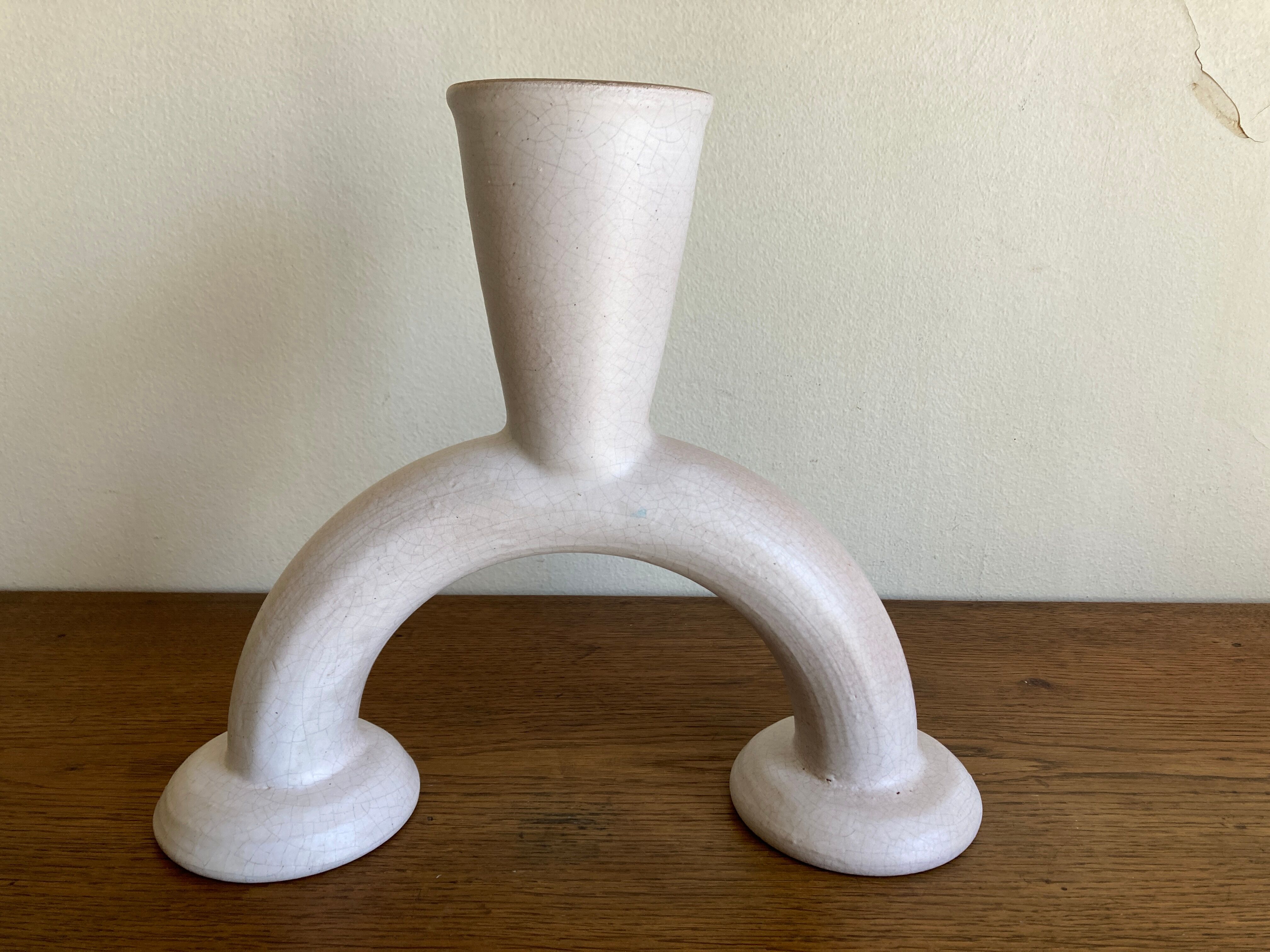 Brutalist candle holder made of white chamotte clay, 1980.