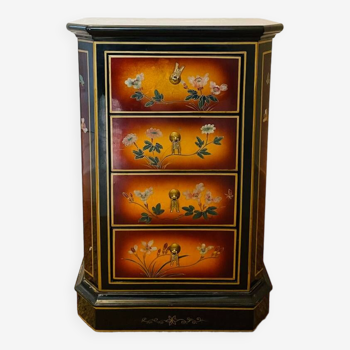 Commode laquée chinoise 4 tiroirs décor floral signée