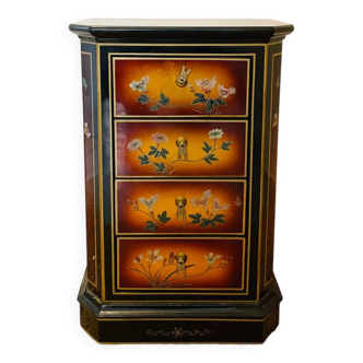 Commode laquée chinoise 4 tiroirs décor floral signée