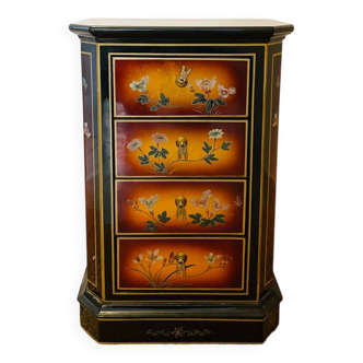 Chinese Lacquered Chest of Drawers 4 Floral Decor Signed