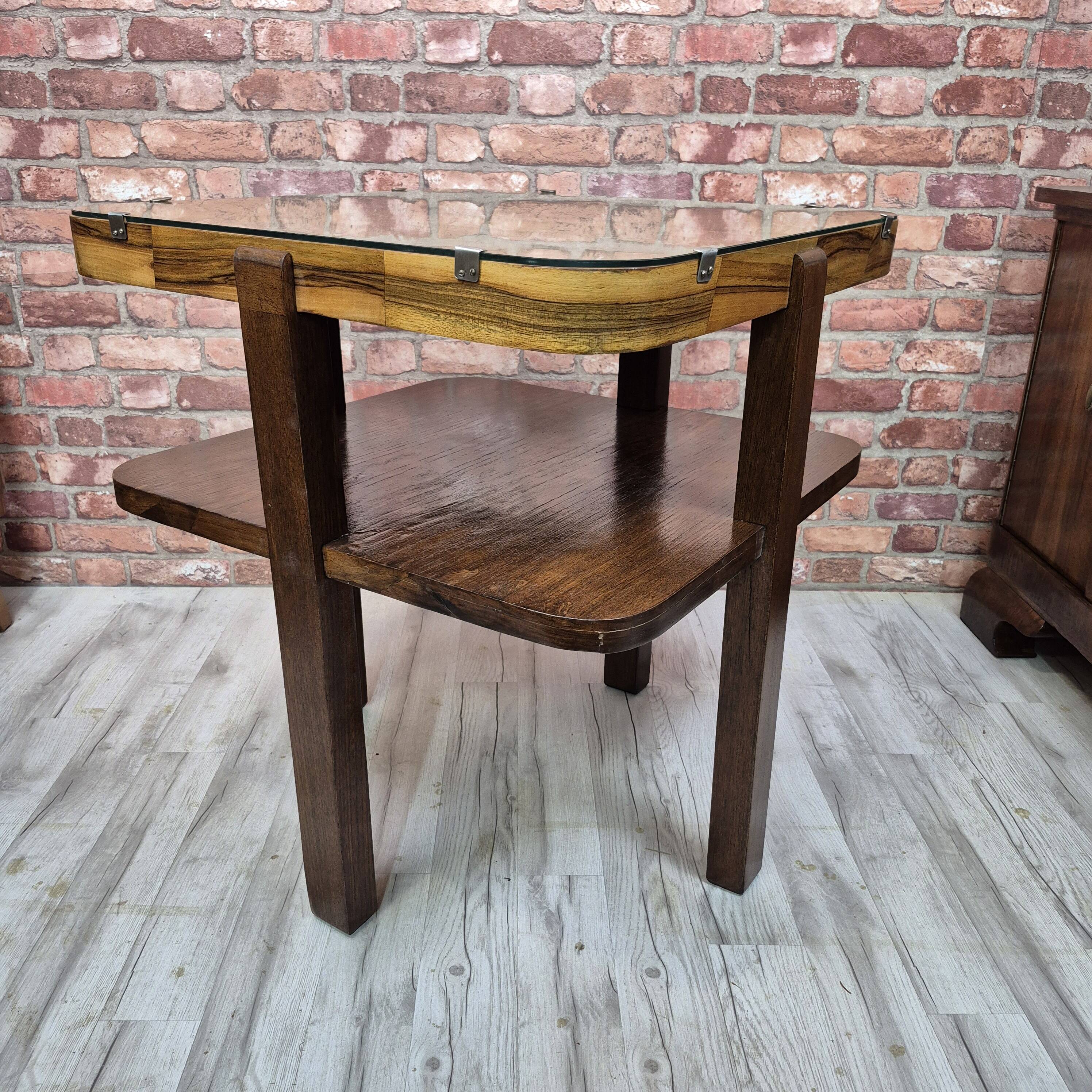 Restored Art Deco Walnut and Oak Side Table with Original Glass 1930s