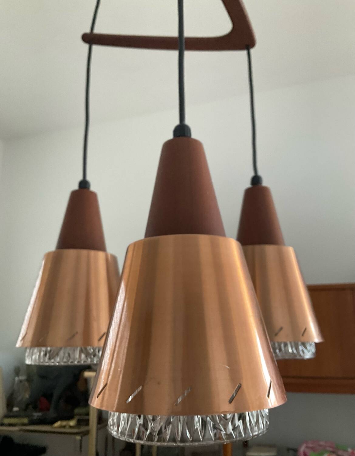 Scandinavian Boomerang chandelier from the 60s in teak, metal and glass