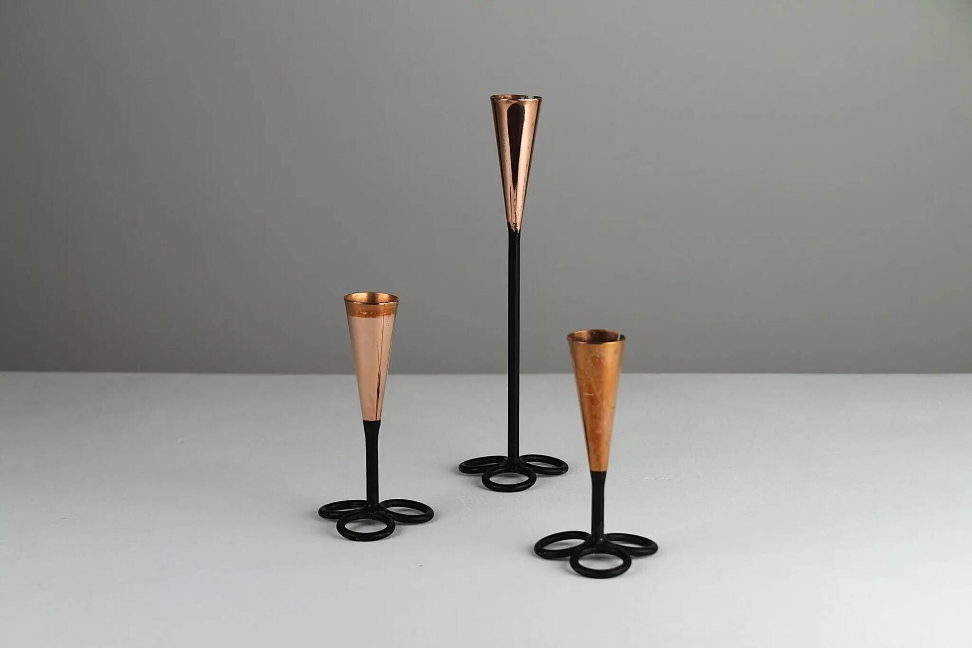 Trio of Black Iron & Copper Candlesticks — Gunnar Ander for Ystad-Metall, Sweden, 1960s