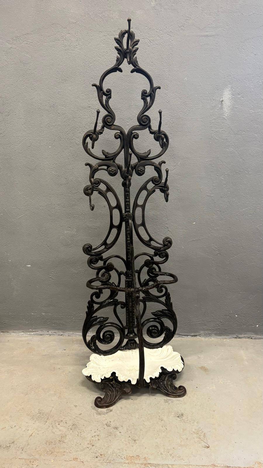 Antique cast iron hall stand, Victorian coat rack with marble base, ornate hall tree, 19th century