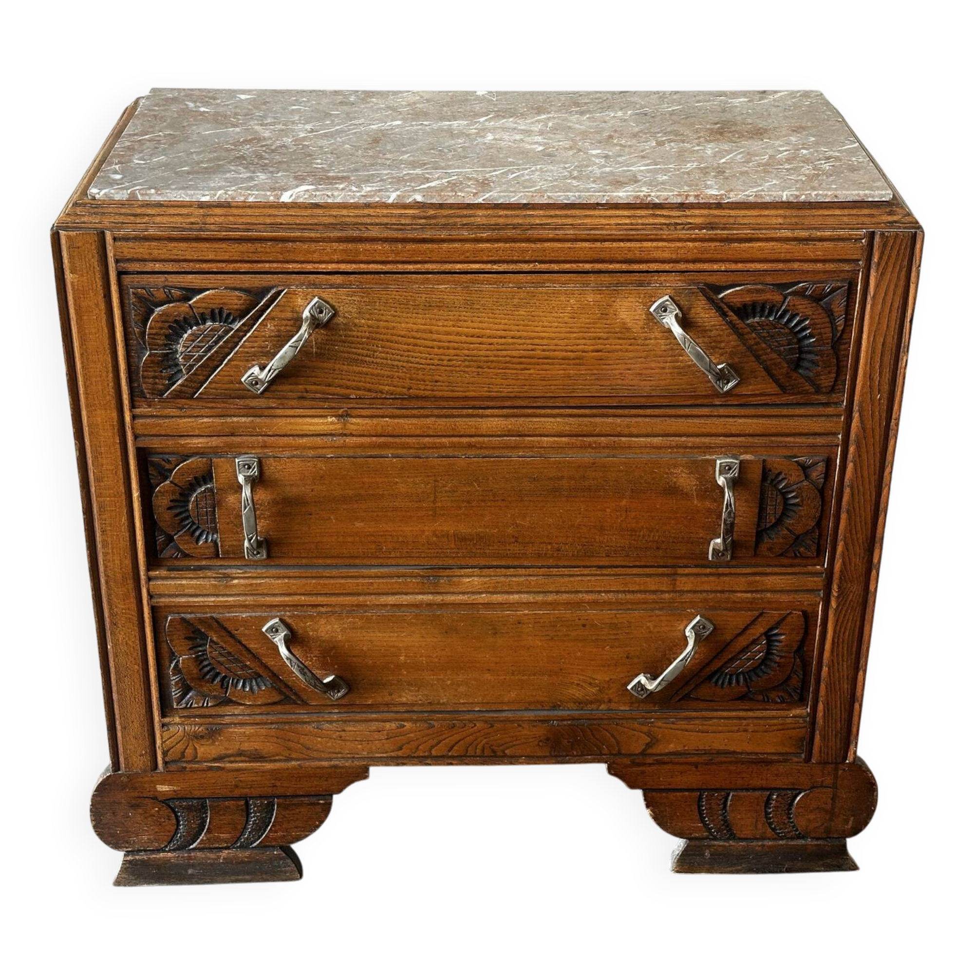 Compact Art Deco commode from the 1930s, carved wood and marble.
