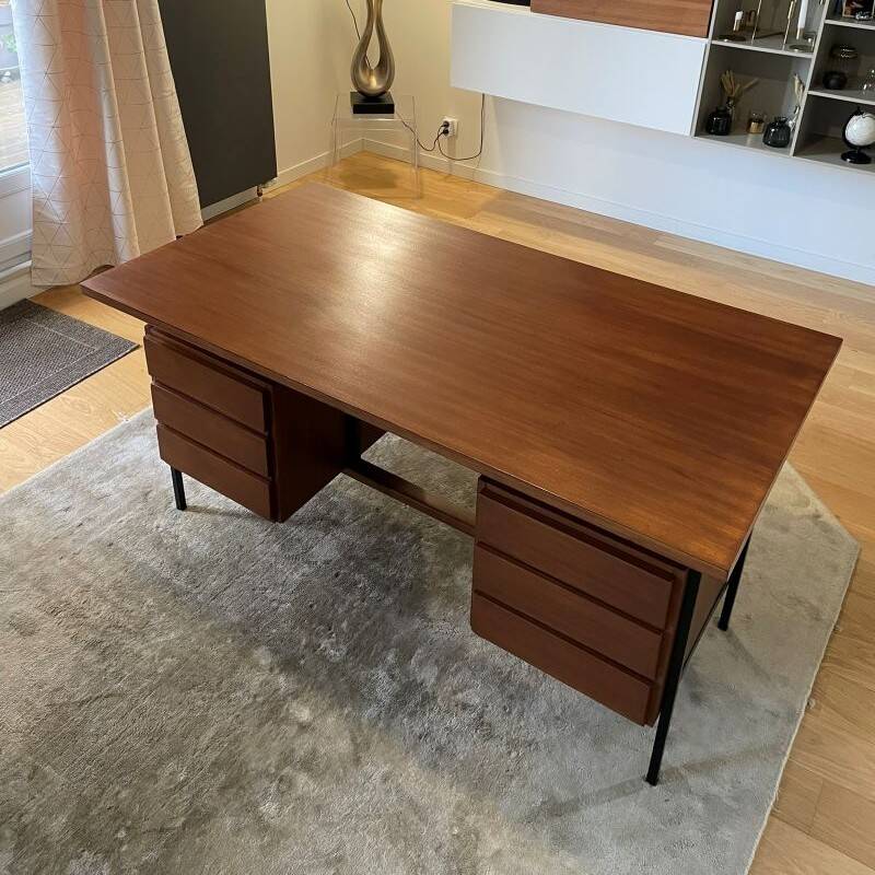 Vintage modernist desk in wood and black with 6 drawers