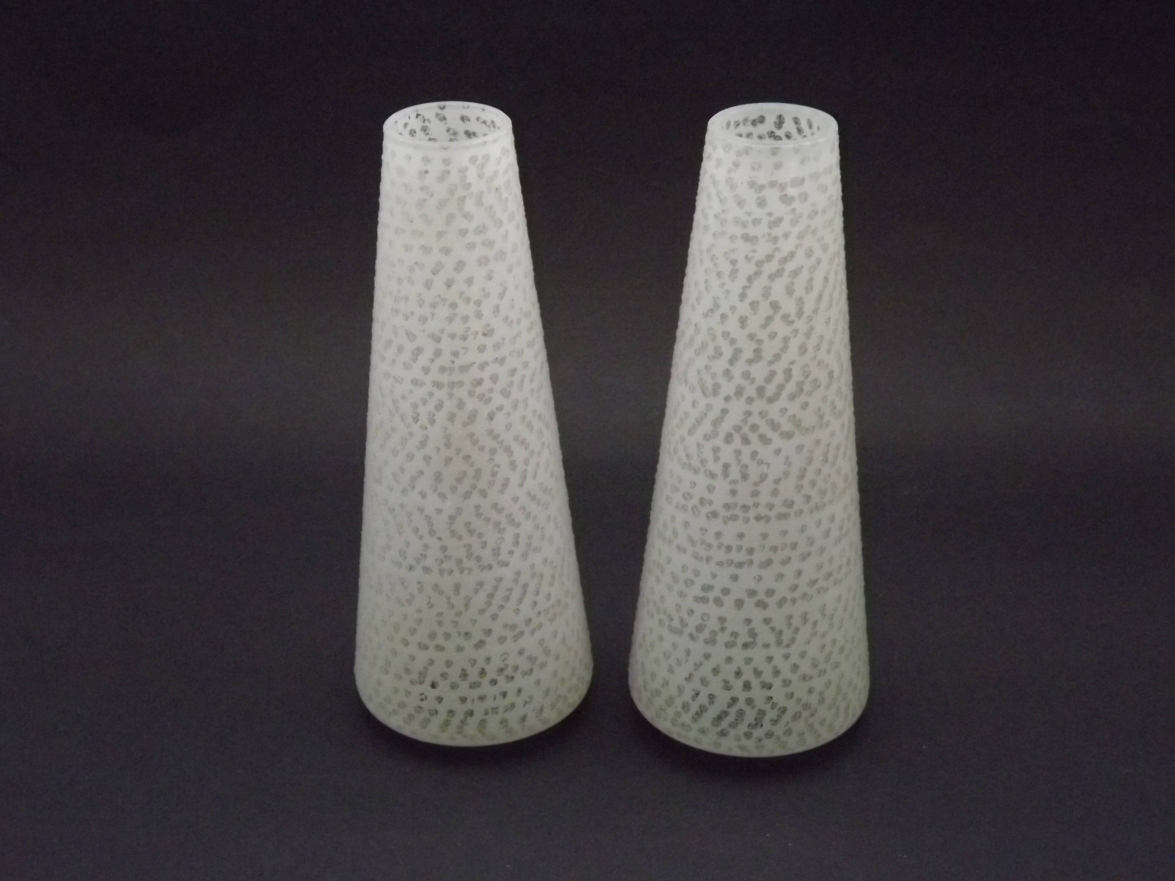 Pair of French vintage retro white opaque patterned glass replacement shades.