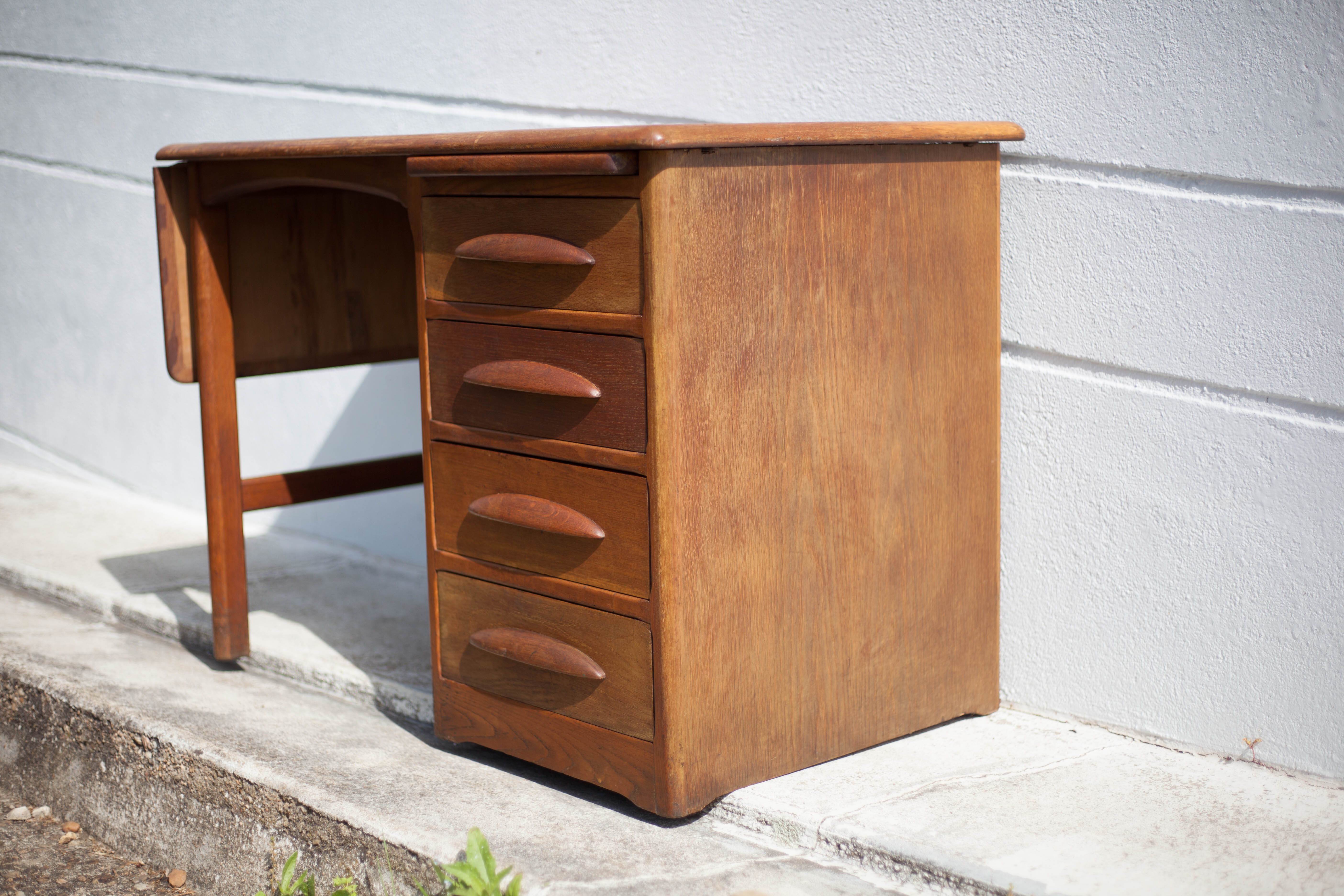 American wood desk, desk with drawers and folding extension, 50s