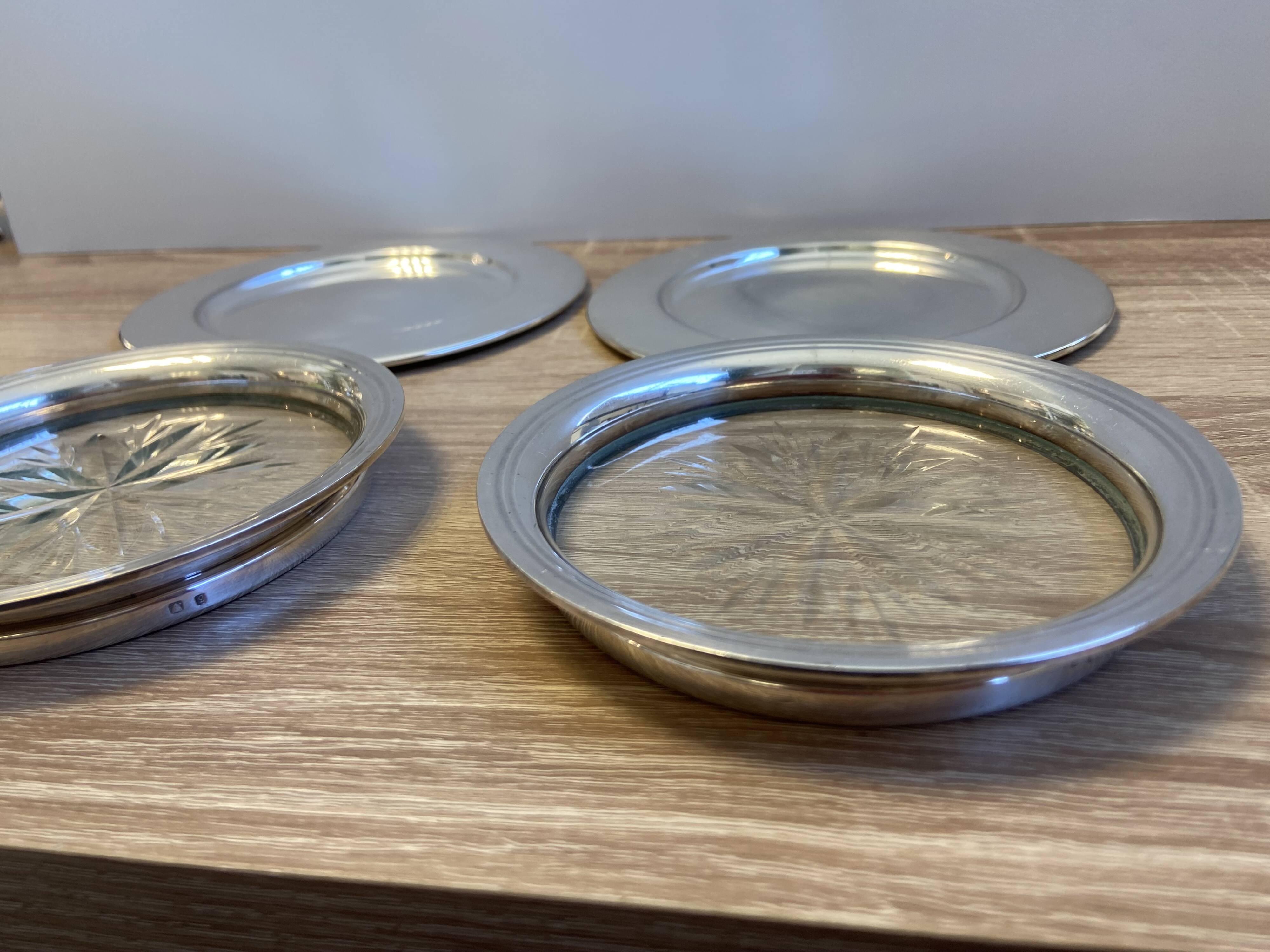 Lot Pair of Silver Metal Bottle & Glass Coasters with Hallmarks