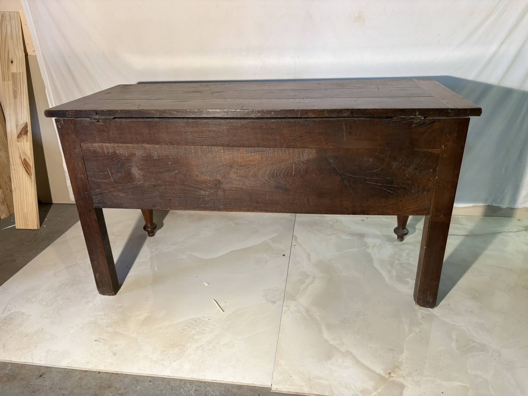 Large antique oak chest with turned legs