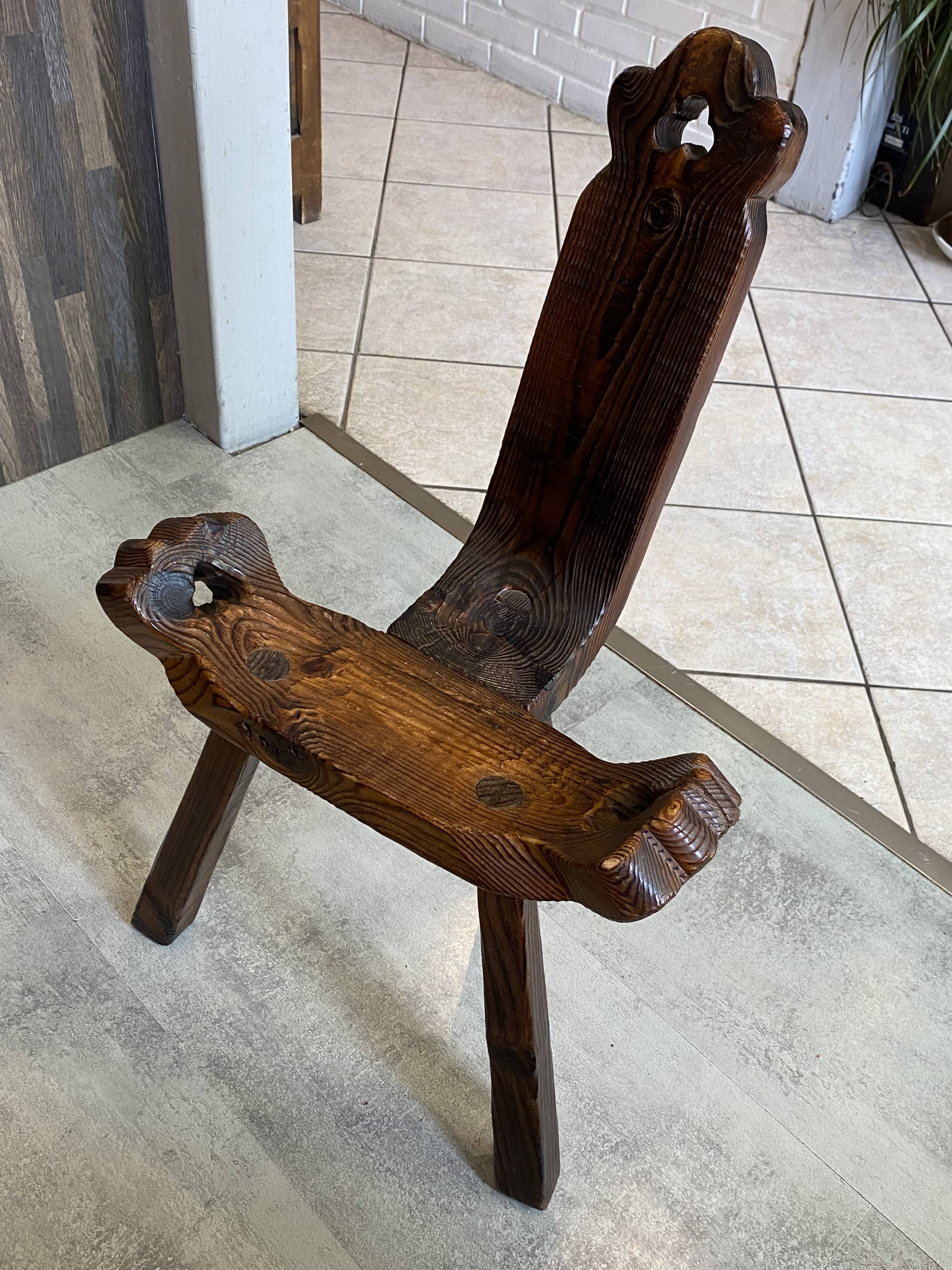 Brutalist tripod chair n2, carved solid wood, antique.