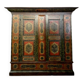 Exceptional Bernese Wedding Cabinet in Polychrome Wood Dated 1769