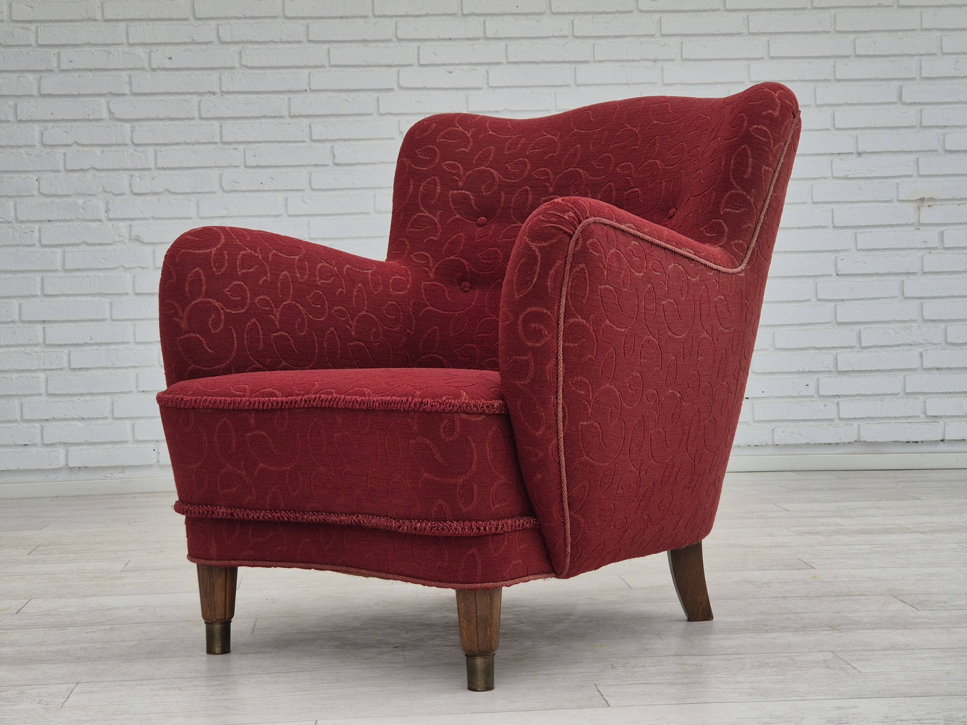 Années 1960, fauteuil relax danois, état d'origine, coton/laine rouge.