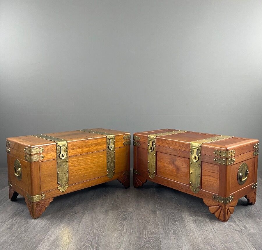 Pair of wooden and engraved brass chests, 20th century