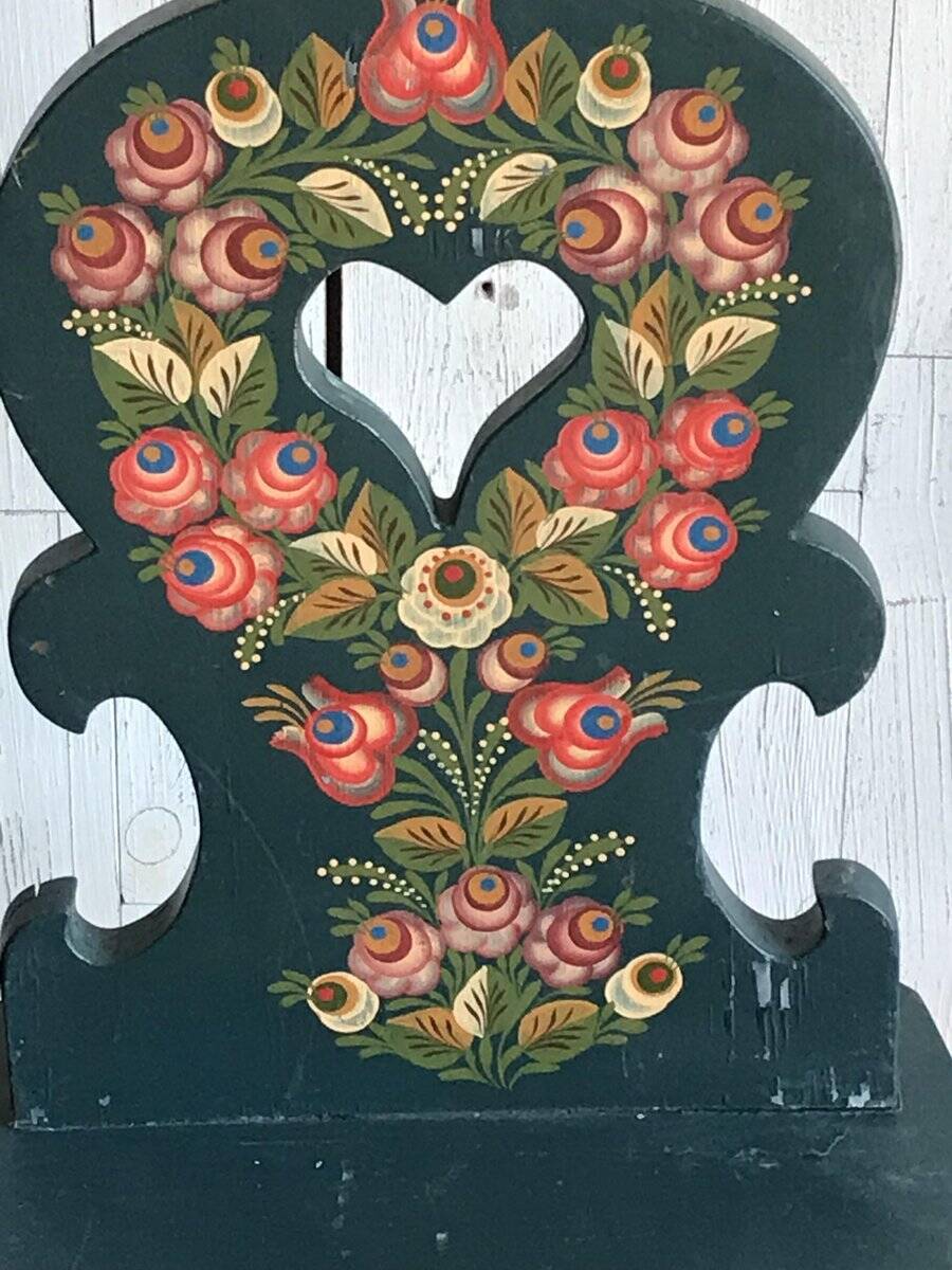 Set of 3 vintage wooden accent chairs painted navy blue, with 1920s decorated backs.